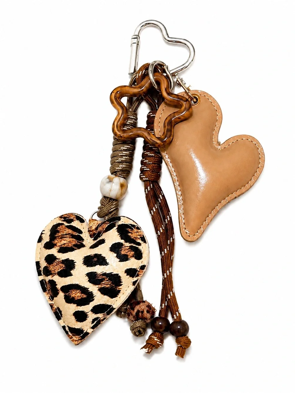 Leopard Heart Keychain Bag Charm Faux Leather Heart Tassel Carabiner